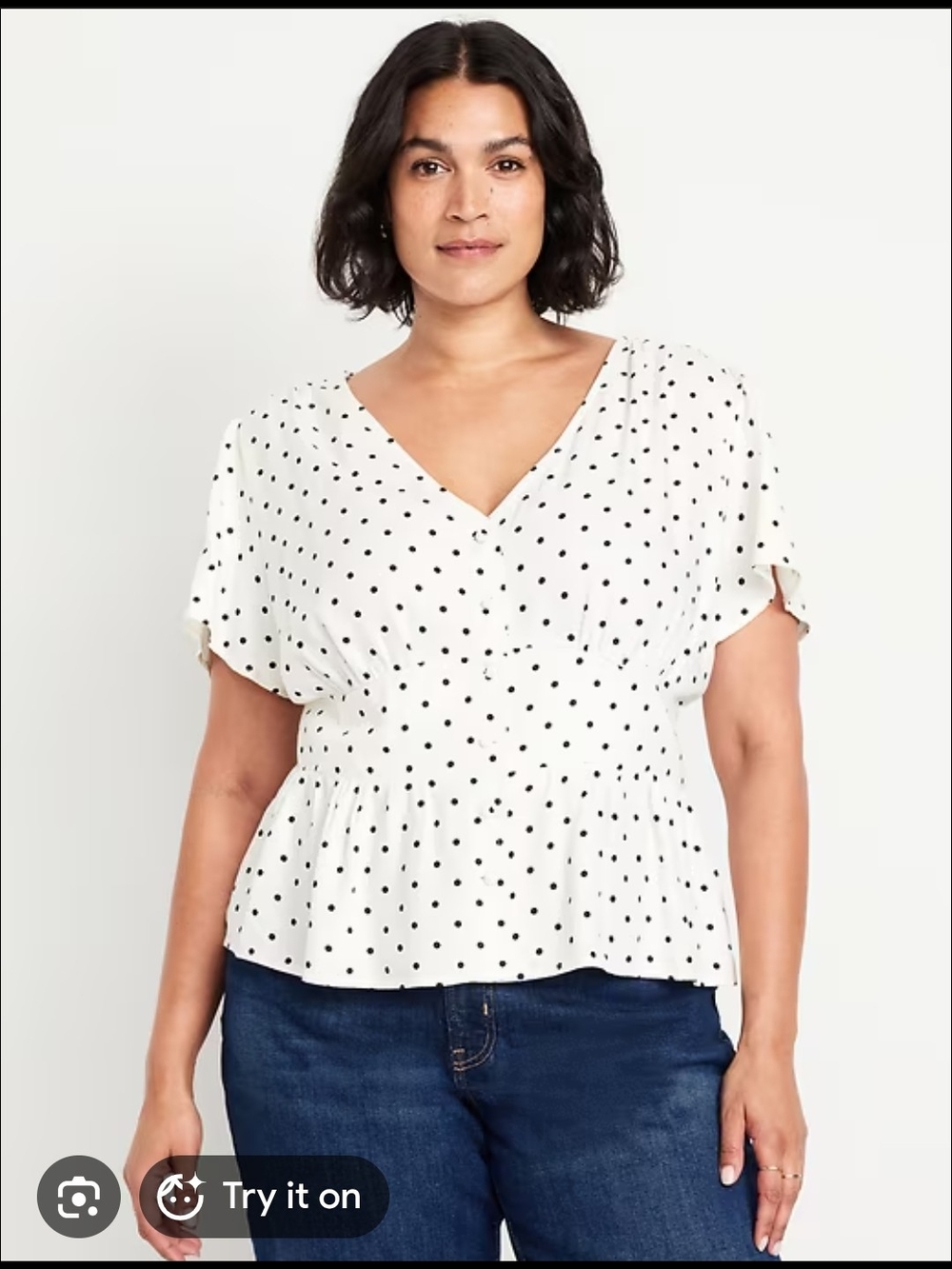 Old Navy White V-Neck Peplum Blouse with Black Polka Dots